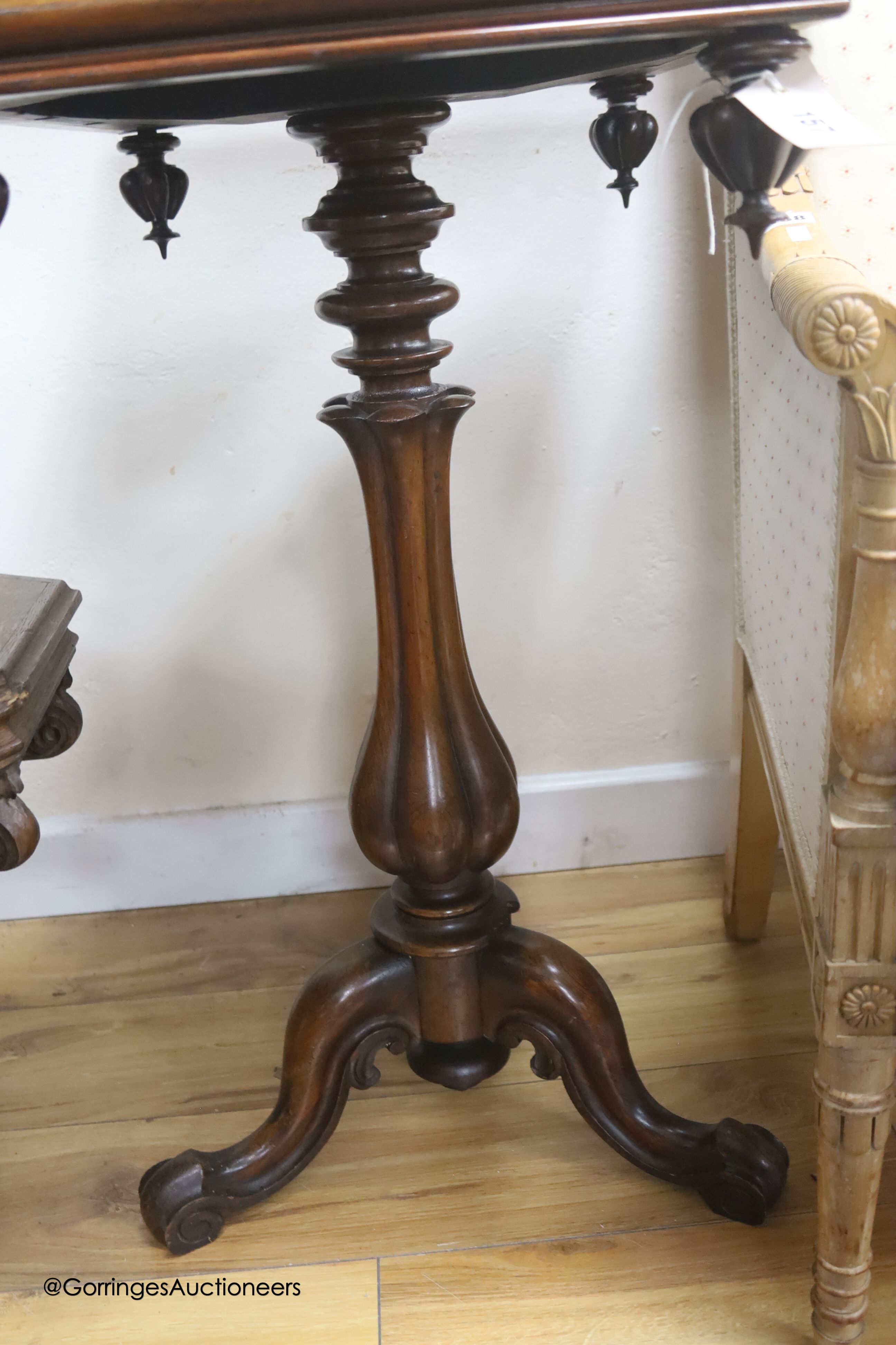 A Victorian rectangular mahogany tripod table, width 48cm, depth 38cm, height 76cm